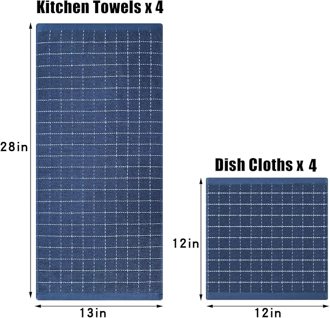 Homaxy Kitchen Towels and Dishcloths Set, 12 x 12 and 13 x 28 Inches, Set of 8 Bulk Cotton Terry Kitchen Towels Set, Checkered Designed, Soft and Super Absorbent Dish Towels, Navy Blue