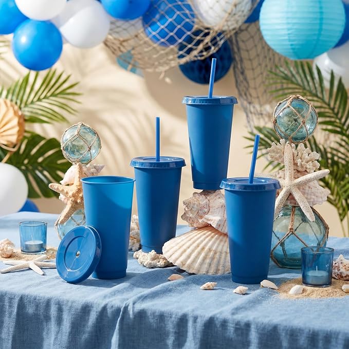 Honeydak 30 Pack Tumbler with Straw and Lid Bulk Cups for Gifts Water Bottle Iced Coffee Travel Mug Cup Reusable Plastic Tumblers for Party Birthdays 24-27 oz (Dark Blue)
