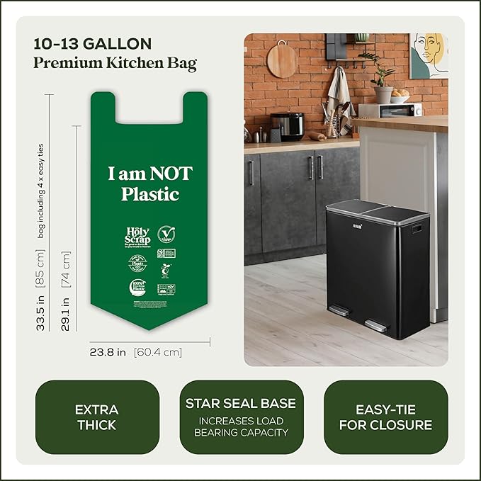 Large Compostable Trash Bags - 10-13 Gallon, 100 Pack, 100% Plastic-Free Decomposing Easy-Tie Trash Can Bags & Liners, Thick Kitchen, Bathroom & Backyard Bin Bags for Food & Green Waste
