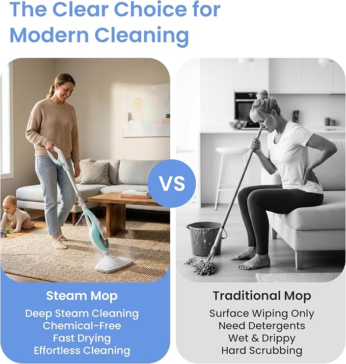 Simple Deluxe 10-in-1 Steam Mop, 1550W Detachable Handheld Steam Cleaner with 16FT Cord & 2 Pads, Multi-Surface Floor Steamer for Hardwood, Tile, Carpet, Windows, Green