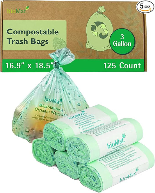 bioMat Compostable Trash Bags 3 Gallon, 125 Count, Small flat top Kitchen Food Scrap Bin Liners, BPI, CMA and OK Compost HOME certified, Meets the ASTM D6400 Standard