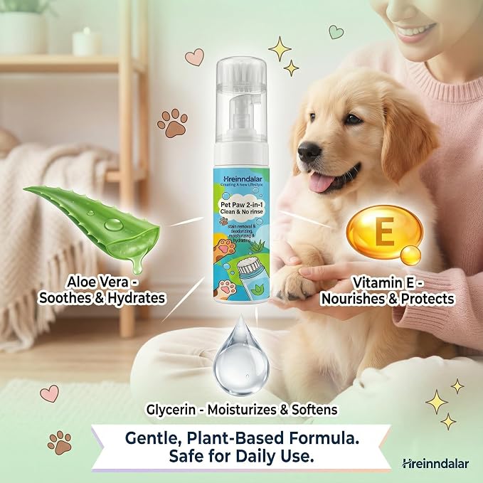 2-in-1 Dog Paw Cleaner Foam with Scrubber Brush | Waterless No Rinse Foaming Washer for Mud, Dirt & Stain Removal | Deodorizing and Moisturizing Pet Care Formula | Gentle for Dogs & Cats