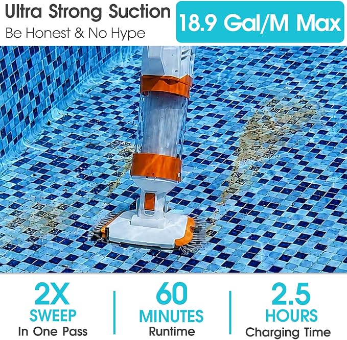 Cordless Pool Vacuum-True Powerful Suction 18.9GPM, 130inch, 1H Runtime, 25µm Fluff Ultra Fine Filter,Handheld Rechargeable Hot Tub Cleaner with Poles for Above Ground&Inground Pool