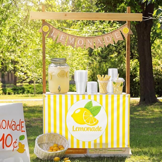 Funnymoom 84 Pcs Lemonade Stand Supplies 34 oz Plastic Lemon Cups with Lid and Straws Lemonade Burlap Banner Tablecloth Stainless Steel Muddler for Summer Lemon Birthday Party Decoration