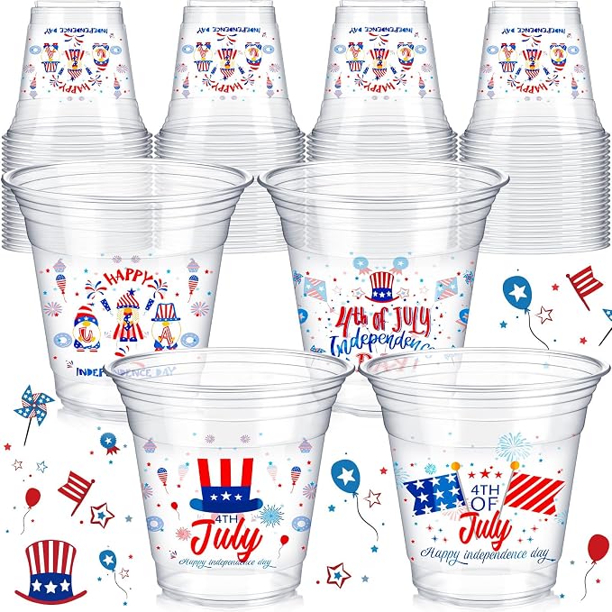 Tanlade 100 Pcs 4th of July Plastic Cups 12 oz Patriotic Red White and Blue Cups Disposable American Flag Design 250th Anniversary Party Supplies for Fourth of July Independence Day Decorations