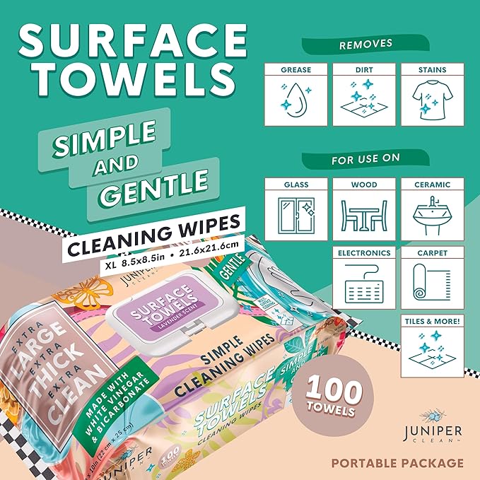 Juniper CLEAN 3 Packs Surface Cleaning Wipes Bleach Free, Thick & Large Dispose, All-Purpose Cleaner for Bathroom, Kitchen, Office, 300 Count Soft Flow, Biodegradable, Lavender Scent