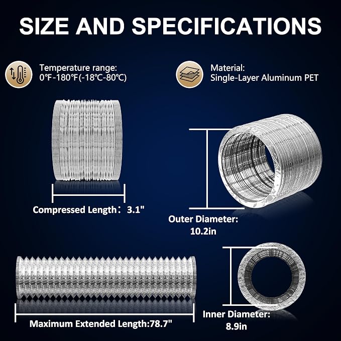 Dryer Vent Hose 10 Inch 6.5FT Aluminum Foil Flexible Ducting, Heavy-Duty HVAC Ventilation Duct for Kitchen Exhaust, Grow Tent, Bathroom Ventilation
