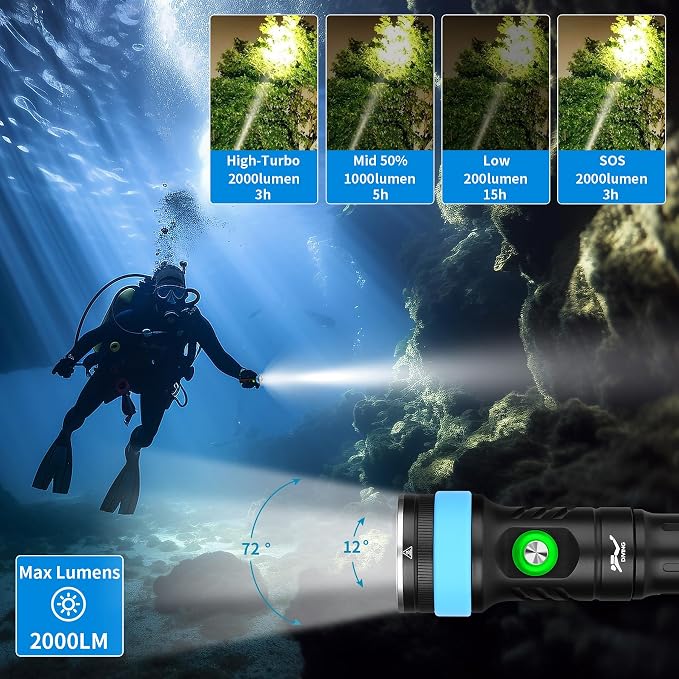 380 Dive Light Underwater Diving Flashlight, Super Bright Rechargeable Waterproof Flashlight with Battery Level Indicator, Suitable for Scuba Diving and Snorkeling Night Diving Light