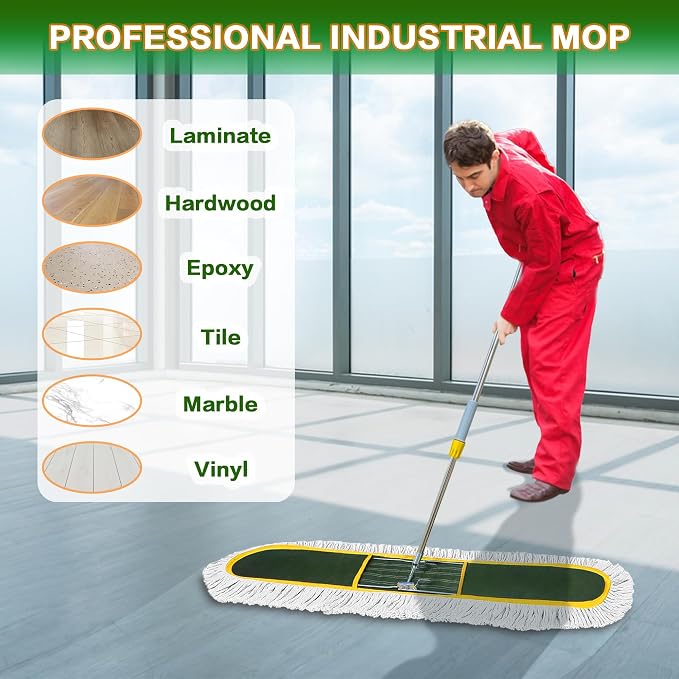 48-Inch Commercial Dust Mop for Hardwood Floors, Large Dry Mop with 2 Pcs Reusable Cotton Yarn Head, Telescopic Stainless Steel Handle - Ideal for Industrial Floor Cleaning, Marble,