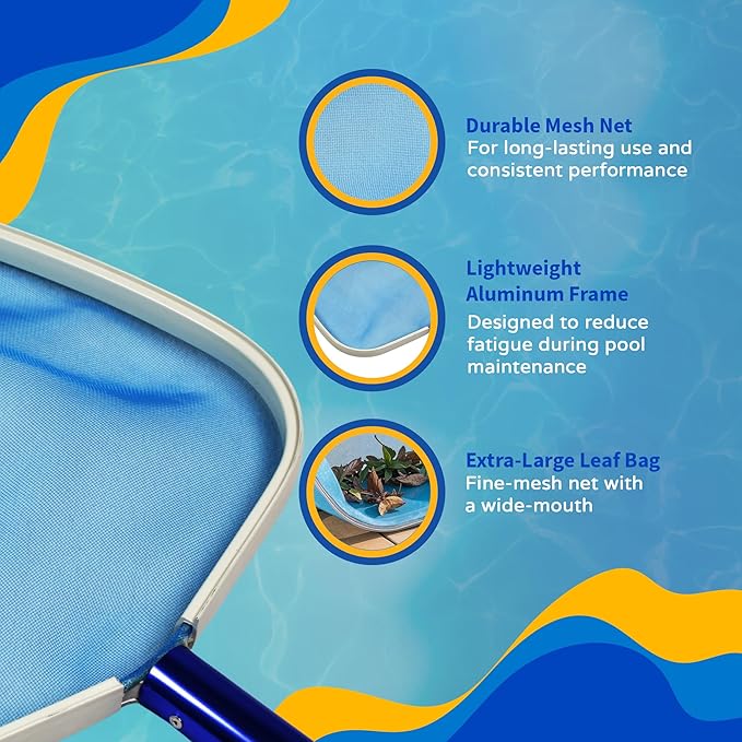 Aqua First Blue Wave NA8006 Aluminum Pool Leaf Skimmer – Heavy-Duty Mesh Net with No-Mar Frame – Fits Standard Telescopic Poles – Lightweight Skimmer for Swimming Pools – 18.8-in x 12.7-in
