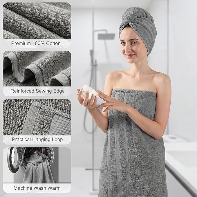 Tigeen 4 Pcs Portable Shower Caddy Basket with Compartments and 1 Cotton Bath Towels & 2 Hand Towels Plastic Divided Cleaning Caddy Organizer Storage Tote Kit for Bathroom College Dorm Room (Gray)