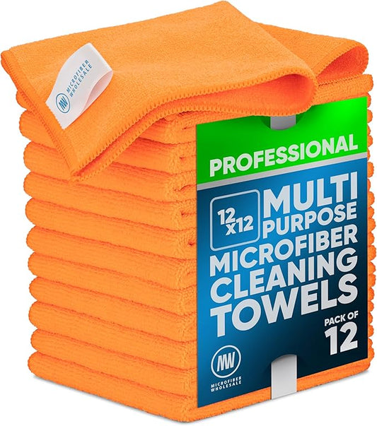 MW PRO Microfiber Cleaning Cloths Orange (12 Pack, 12x12) - Commercial Janitorial Towels & Lint Free Rags - Heavy Duty for Auto Detailing, Glass Windows, Housekeeping & Screens - Washable 300+ Times