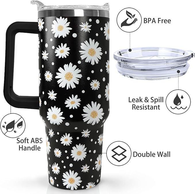 Ceovfoi 40 Oz Daisy Tumbler With Handle,Daisy Coffee Travel Mug Cup Water Bottle,Daisy Decor,Daisy Gifts for Women