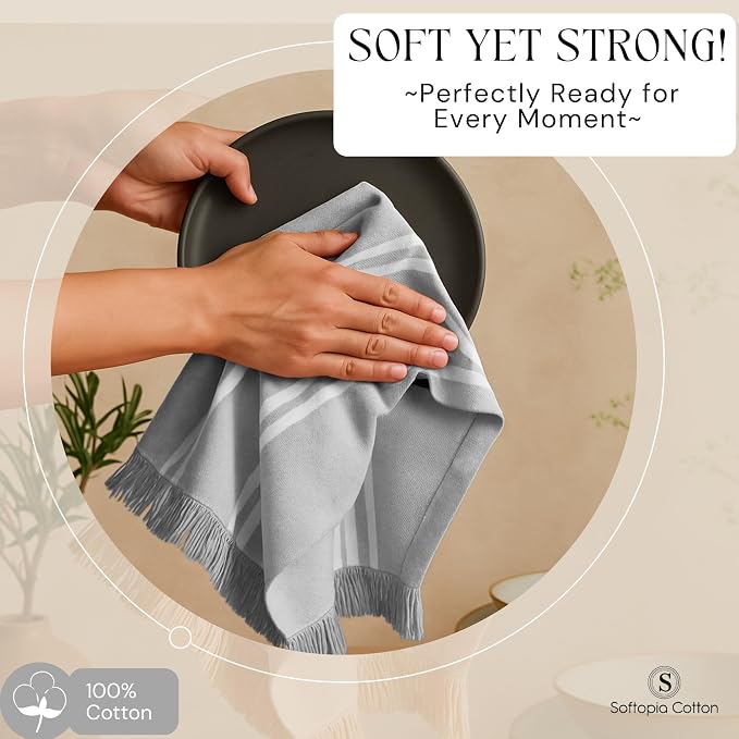 Prewashed Stripe Kitchen Towels 4 Pack, 100% Cotton Tea Towels, 16"x26" Quick Dry Dish Cloths for Drying, Reusable Wash Cloths for Cleaning, Absorbent and Washable - Light Grey