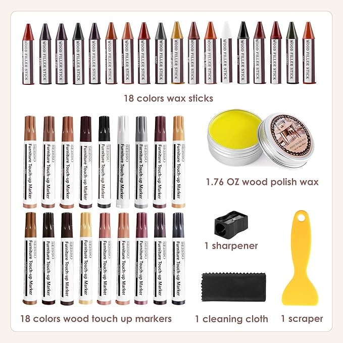SEISSO Wood Repair Kit, 40 PCs Wood Furniture Repair Kit, Wood Touch Up Markers and Crayons with Polish Wax for Scratches, Stains, Cracks,Holes and Dents, Discoloration for Wooden Surfaces and Floors