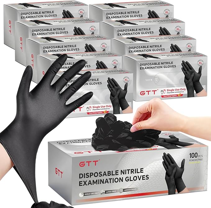 GTT Black Nitrile Exam Gloves 6 Mil, Powder-Free Disposable Gloves, First Aid,Cleaning Food Prep, Tattoo,Cooking,Mechanical