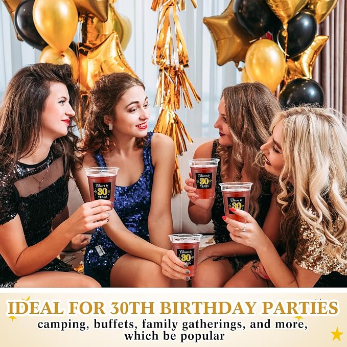 Funnymoom 100 Pack 30th Birthday Cup 12 oz Cheers to 30 Years Happy Birthday Disposable Clear Plastic Cups for Him Men Women Wedding Anniversary Decorations Party Favors