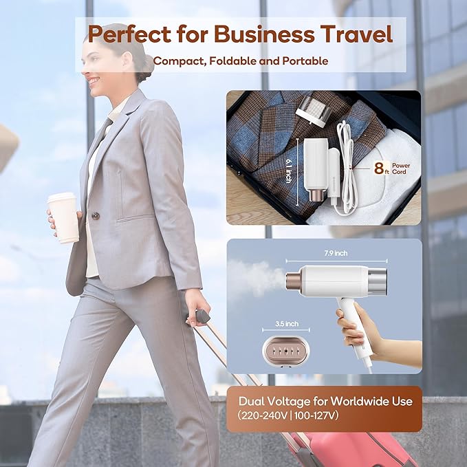 Newbealer Pro Business Travel Steamer, 1200W Dual Voltage, 180ml (Gold) | Foldable & 20s Fast Heat, 360° Anti-Spill Garment Steamer, Solid 1.72 lbs, Auto-Off, for Global Business Trip/Hotel/Office
