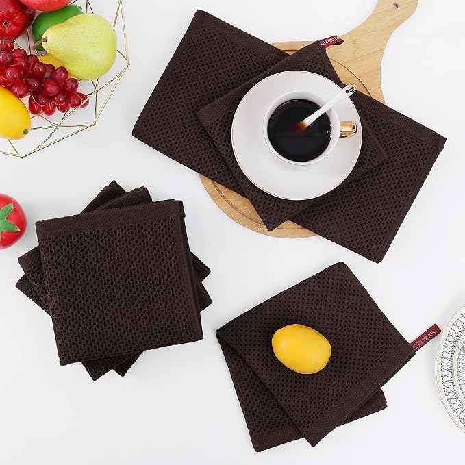 Homaxy 100% Cotton Waffle Weave Kitchen Dish Cloths, Ultra Soft Absorbent Quick Drying Dish Towels, 12 x 12 Inches, 24-Pack, Dark Brown
