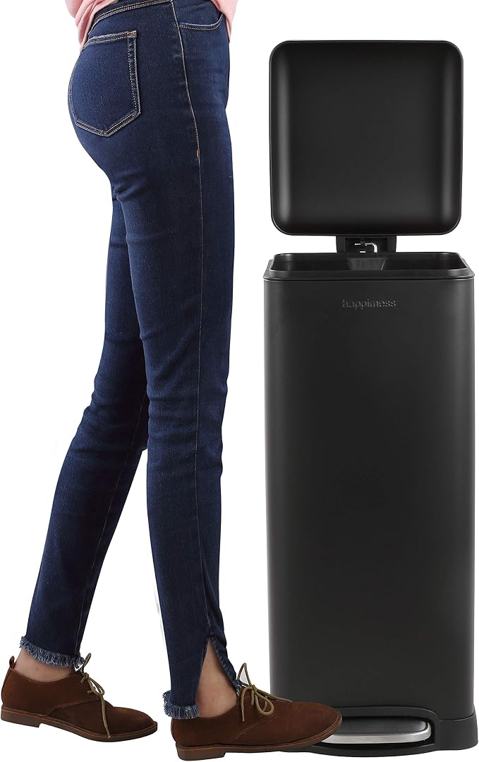 happimess HPM1007B Betty Retro 8-Gallon Step-Open Trash Can with Soft-Close Lid, Fingerprint Resistant, Modern, Minimalistic for Home, Kitchen, Laundry Room, Office, Bedroom, Bathroom, Black