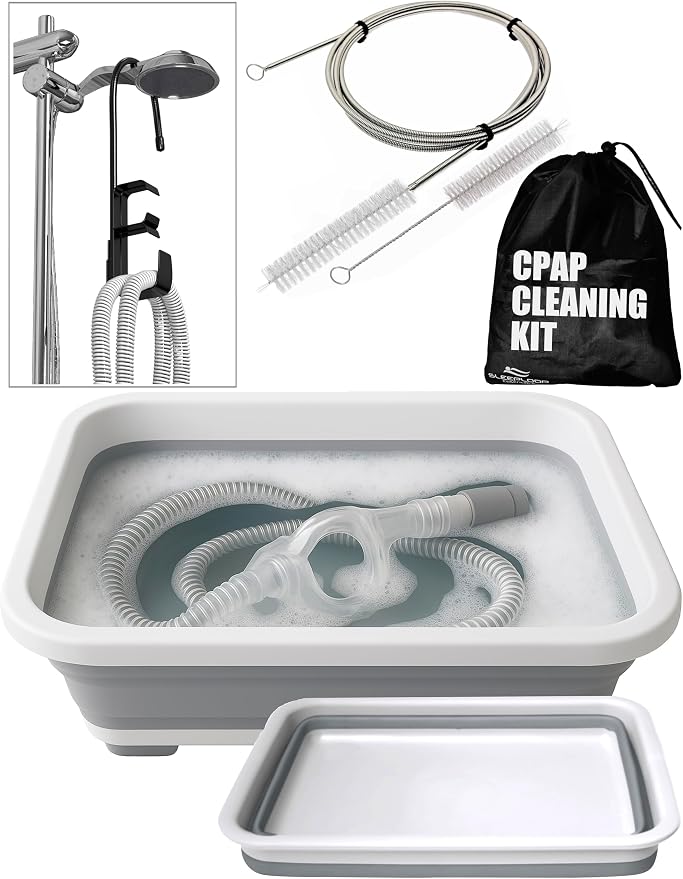 CPAP Cleaning Kit for Hose and Mask, CPAP Hose Cleaning Brush, Collapsible Wash Basin, Hose Hanger, Compatible with Standard and Slimline CPAP Tubing (Hanging Dry Kit)