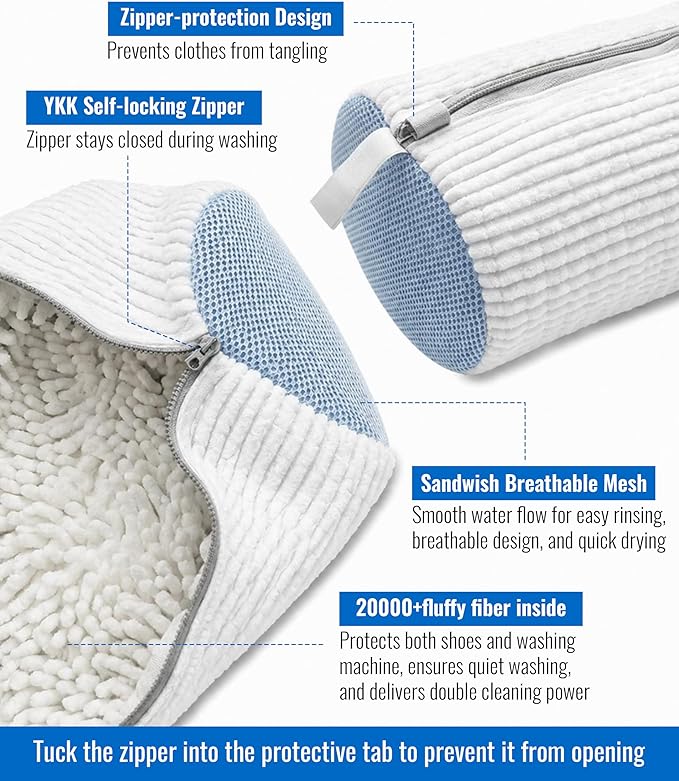 Shoe Washing Machine Bag with Soft Microfiber Bristles, Durable Mesh Laundry Shoe Bag for Sneakers, Reusable Protective Shoe Cleaner Bag with Zipper for Washer & Dryer