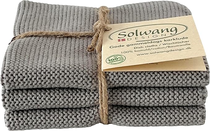 Solwang 3-Piece Danish Cotton Dishcloths in 100% Certified Organic Cotton Made in India (Steel Organic Trio)
