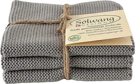 Solwang 3-Piece Danish Cotton Dishcloths in 100% Certified Organic Cotton Made in India (Steel Organic Trio)