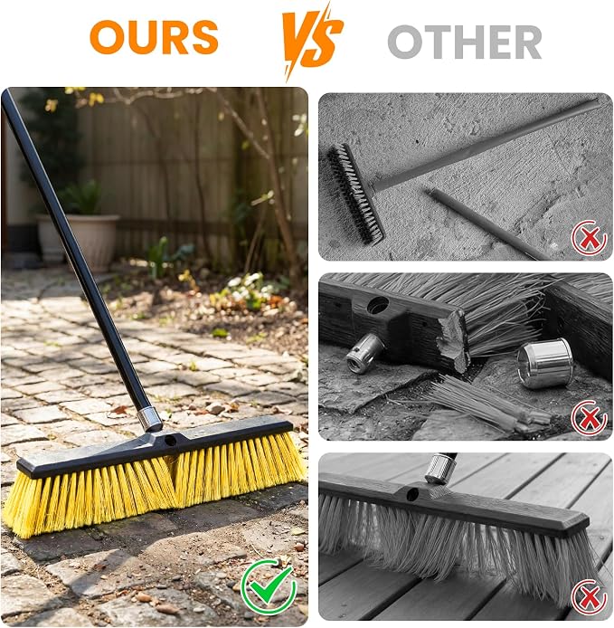 2 Pack 24" Push Broom Outdoor, Heavy Duty Broom with 62" Long Handle, Stiff Bristle Garage Broom for Patio Deck Driveway Concrete Floor Shop Warehouse Cleaning