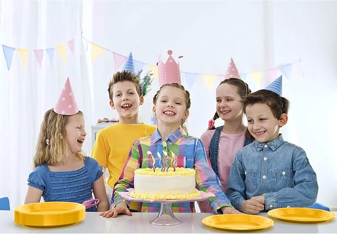 Exquisite Party Solids Yellow Plates Disposable Yellow Plastic Plates 100 Pieces - 50-7" & 50-9" Heavy Duty 350 GSM Disposable Dinnerware Sets, Plastic Dinnerware Sets