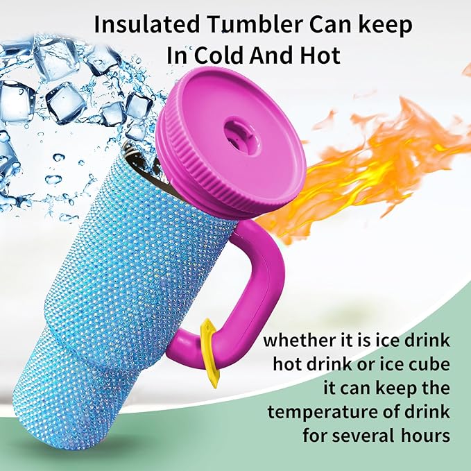 HWISDMIG 40oz Tumbler with Handle-Glitter Rhinestones Tumbler Bling Cups Stainless Steel Water Bottle Diamond Studded Tumbler for Women-Birthday Gifts for Women, Mom, Girlfriend (Aqua Gleam)