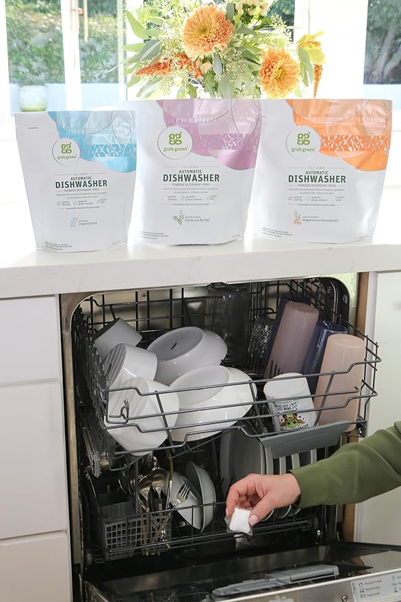 Grab Green Natural Dishwasher Detergent Pods, Free & Clear/Unscented, 60 Count, Fragrance Free, Organic Enzyme-Powered, Plant & Mineral-Based