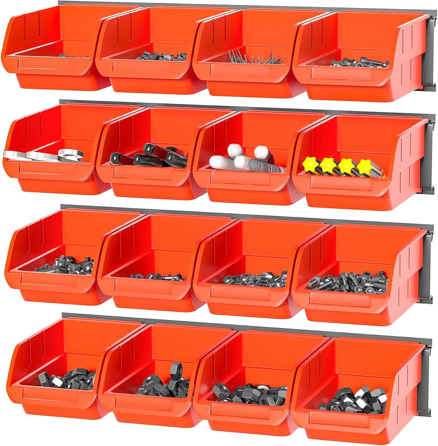 Ultrawall Wall Mounted Storage Bins, Plastic Hanging Storage Organizer Bins, Garage Tool Storage System for Screws, Nuts, Bolts, Nails, and Small Hardware Parts, 16x bins & 4 x rails, Orange