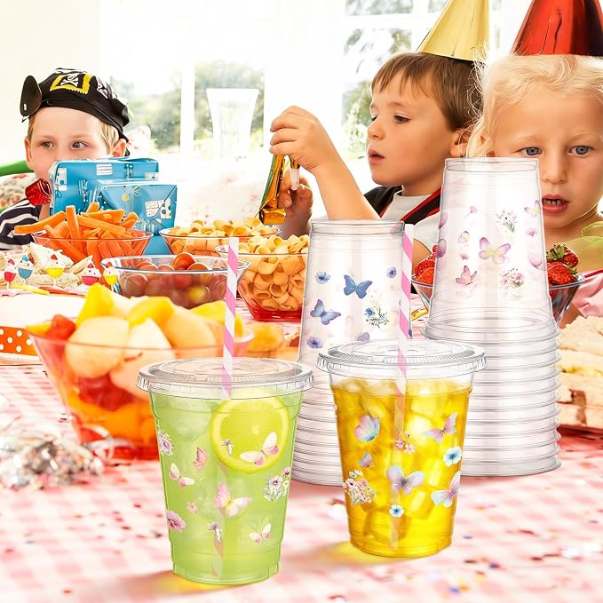FoldTier 100 Pack Butterfly Plastic Cups with Lids and Straws 12 oz, Disposable Fairy Drinking Cups Clear for Birthday Wedding Party, Baby Shower, Bridal Shower Party Decorations