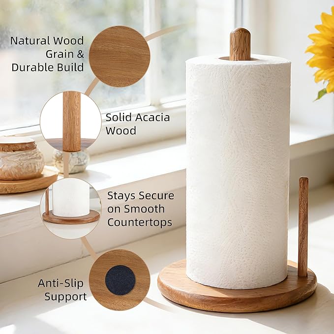 Jumbo Acacia Wood Paper Towel Holder – Large 8.27" Diameter Non-Slip Base, Countertop Wooden Paper Towel Holder for Kitchen, Dining, Coffee Bar, Thick & Stable, Easy Assembly, Natural Wood Finish