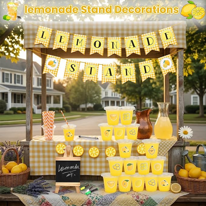 208 Pcs Lemonade Stand Supplies, 50 Lemonade Cups with Lids and Straws, 2 Lemonade Banners, Wooden Blackboard, 50 Lemon Stickers, 3 Pens, Straw Puncher for Summer Lemon Birthday Party Decor
