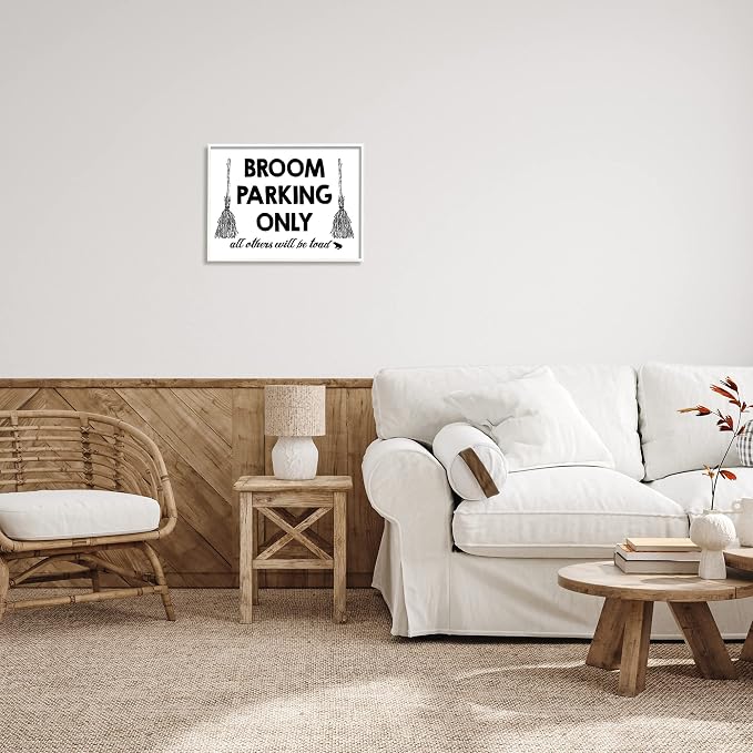 Stupell Industries Broom Parking Witty Halloween Witch Phrase Typography, Design by Lettered and Lined,White Framed,16 x 20 | Stupell Industries | White, 20 x 16 Inches, Easy to Hang and Sturdy, Made in USA, by Lettered and Lined