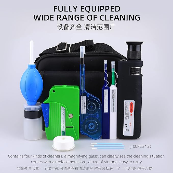 FTTH Fiber Optic Cleaning Kit with Cassette for FC/SC/ST/LC/MU/MPO Connectors - 1.25mm/2.5mm Fiber Cleaner Pen & Microscope