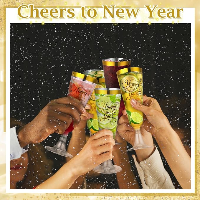 Jingmore 48 Pack 2027 Happy New Year Gold & Sliver Rimmed Plastic Champagne Flutes Cheer to 2027 Celebration New Years Eve Party Supplies 5oz Disposable Cocktail Cups Transparent Party Favors (Gold)