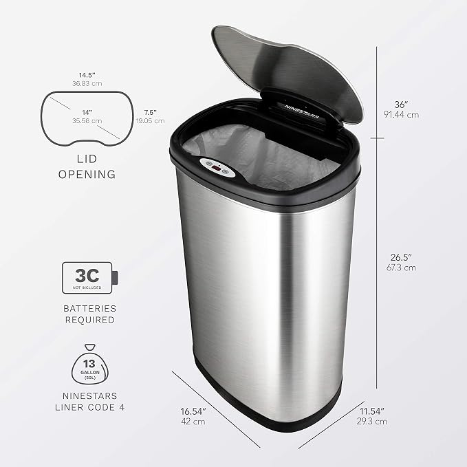 Ninestars Automatic Touchless Infrared Motion Sensor Trash Can Combo Set, 13 Gal & 3 Gal, Stainless Steel Base