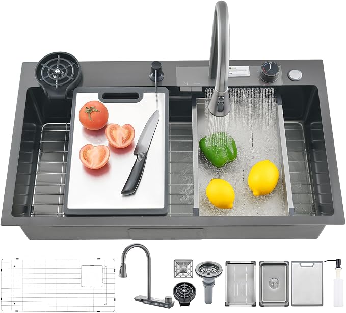 30" x 19.7" Black-Gray Waterfall Kitchen Sink, Drop In Stainless Steel Modern Single Bowl Sink with Pull-Out Spray Faucet, Cup Washer & Accessories