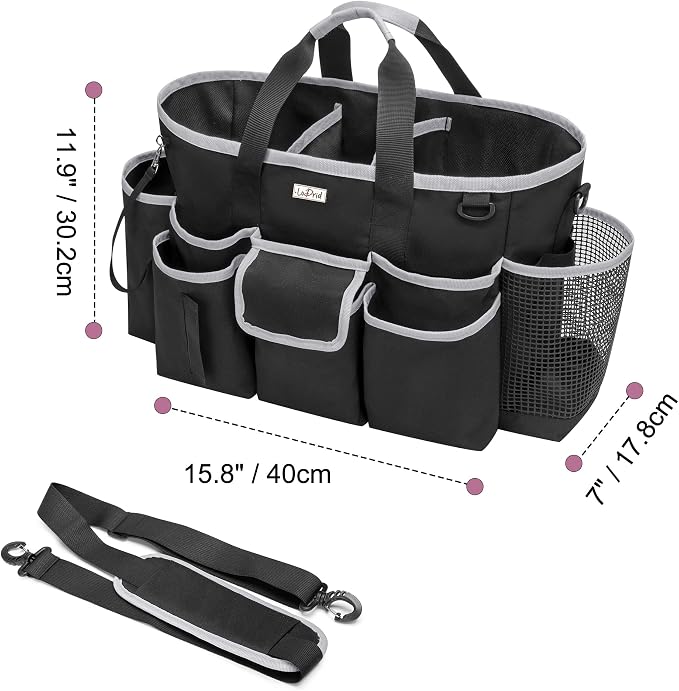 LoDrid Cleaning Caddy Bag with Handle and Shoulder Strap, Cleaning Supplies Organizer for Cleaning Work with 3 Compartments and Multifunctional Pockets, Black with Gray Edge