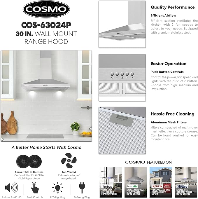 COSMO COS-63024P 30 in. Nebula Collection 250 CFM Ducted Wall Mount Range Hood, Button Control, LED Lights, Mesh Filters, Stainless Steel