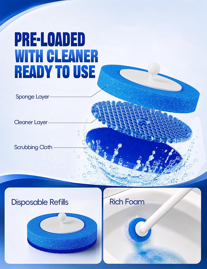 Toilet Wand Kit, Disposable Toilet Bowl Cleaner Brush with Blue Replacement Heads, Press-Button Wand and Self-Closing Freestanding Holder (2 Toilet Brush + 91 Refills)