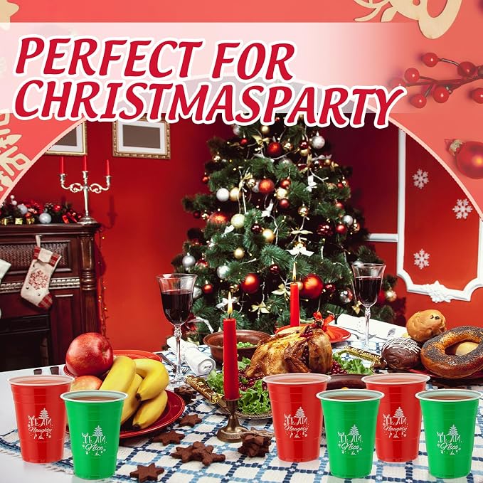 Sliner 60 Pcs 16 oz Christmas Disposable Cups Bulk Plastic Coffee Team Naughty or Nice Plastic Disposable Drinking Cups for Party Drinks Supplies