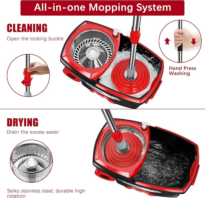 FunClean Spin Mop and Bucket,Mop and Bucket with Wringer Set for Home,360 Spinning Mopping Floor Cleaning Tool with 12 Microfiber Replacement Head Refills,61" Extended Handle, 2X Wheel - Black