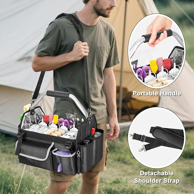 HODRANT Outdoor Grill Utensil Caddy, BBQ Tool Organizer with Divider & Support Pad for Tailgating Essentials, Picnic Storage Bag with Handle & Shoulder Strap for Camping Grill Accessories, Bag Only