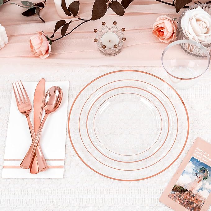GATHER 700PCS Rose Gold Plastic Plates - Clear Rose Gold Rim Disposable Dinnerware Set Includes 200 Plates, 300 Silverware, 100 Napkins, 100 Cups for Party & Wedding