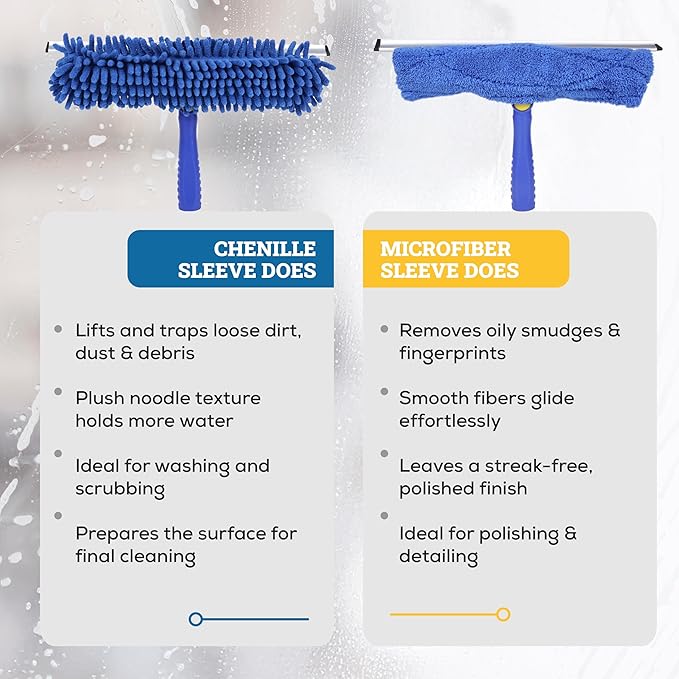 Kleen Handler 2-in-1 Window Squeegee with 60” Extendable Pole, Rotatable Glass Cleaner Tool for Commercial and Residential Use, 2 Reusable Sleeves and 14” Blade