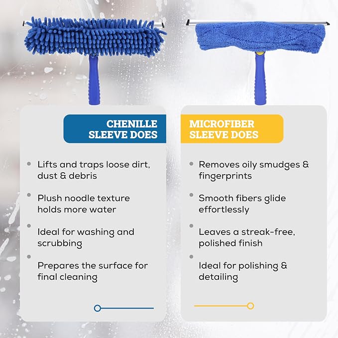 Kleen Handler 2-in-1 Window Squeegee Cleaning Combo, Glass Cleaner Tool for Commercial and Residential Use, 2 Reusable 12” Sleeves and 14” Blade
